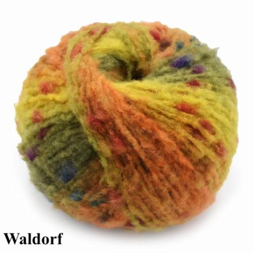 Waldorf - stripes of yellow, orange and green with blue, purple and red spots