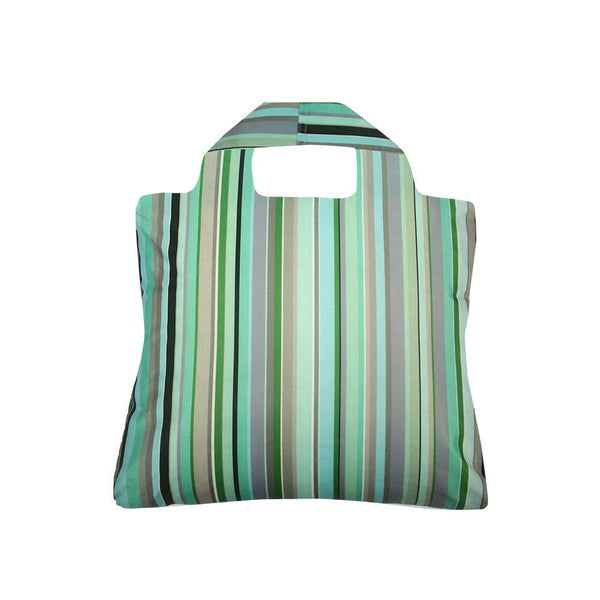 bag with stripes in shades of green, grey, black and aqua