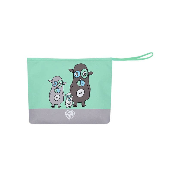 pouch in mint green and grey with two cartoon characters in similar shades of mint and grey