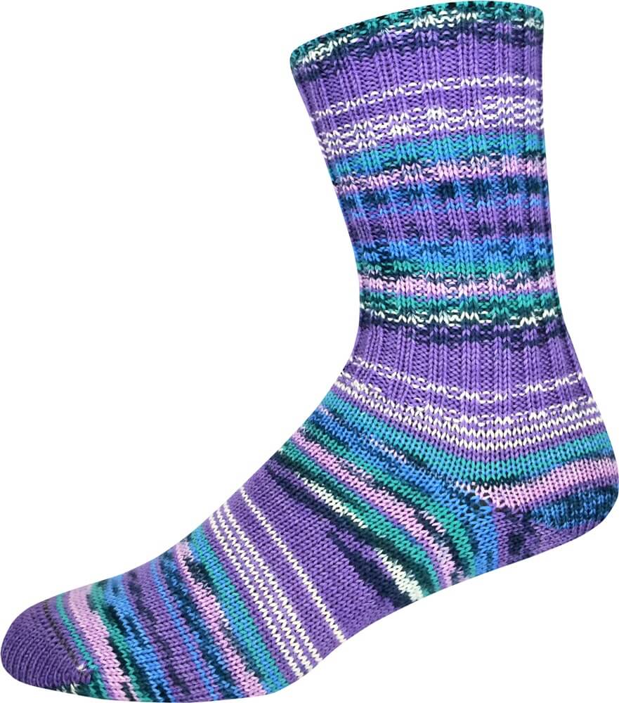 A single hand-knit crew sock featuring a multicolor pattern of purple, teal, blue, and white stripes, shown against a plain white background.