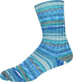 A single crew sock with a variegated knit pattern of blue, teal, and light gray horizontal stripes, shown against a plain white background.