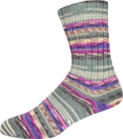 A single crew sock with a variegated knit pattern of gray, purple, pink, and blue stripes, shown against a plain white background.