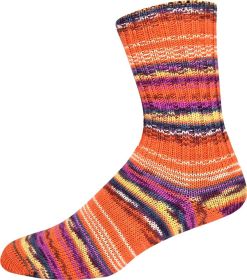 A single crew-length knit sock with horizontal multicolor stripes in orange, purple, yellow, white, and dark blue on a plain white background.