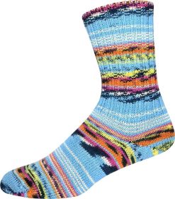 A single crew sock with a vibrant multicolor knit pattern featuring light blue as the dominant base color, accented with horizontal stripes of pink, orange, yellow, green, and dark blue.
