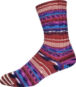 A single crew sock with a multicolor striped pattern of red, purple, blue, and white, shown against a plain white background.