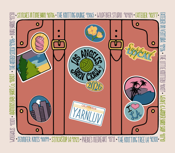 Illustration of a suitcase with travel-themed stickers on a beige background. this is the image on the 2026 la yarn crawl bag