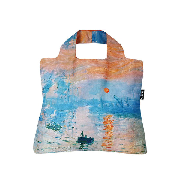 bag with painting of ocean and boats on it in shades of light blue, orange and dark blue