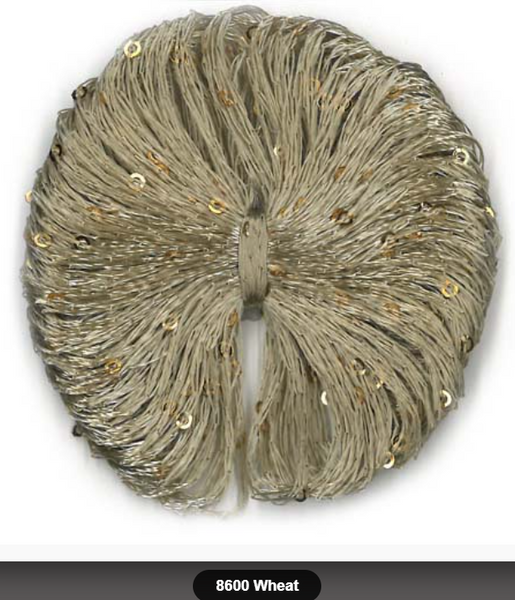 8600 Wheat - beige and gold thread  with gold paillettes on a white background