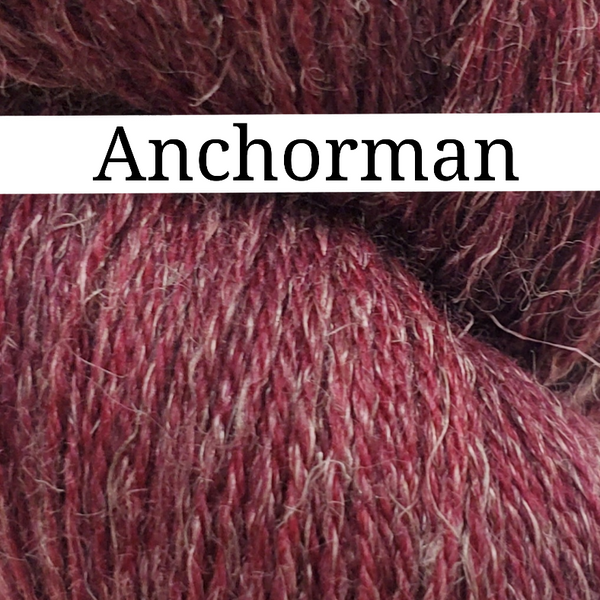 Anchorman - heathered mix of burgundy red and off-white strands.