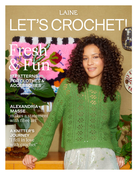 Magazine cover featuring a woman wearing a green crochet sweater with text about Laine Crochet patterns.