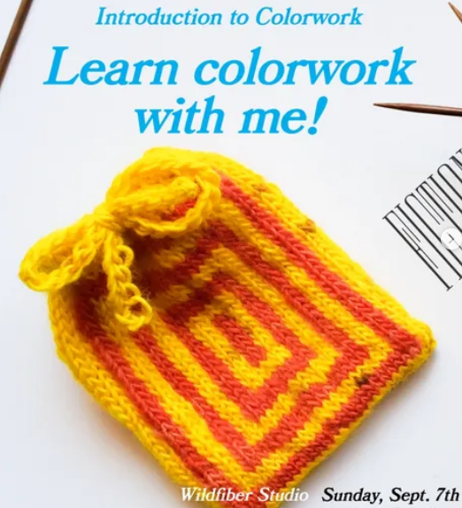 Knitted item with red and yellow pattern on a white background, promotional text for colorwork class.