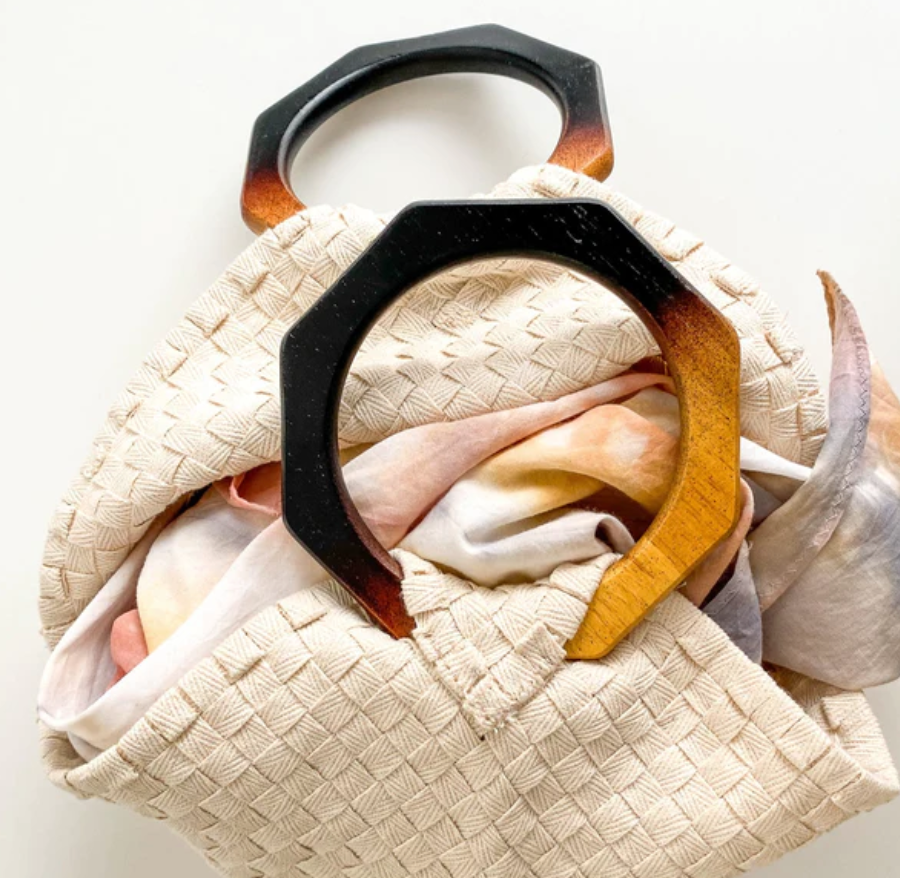 hand woven bento bag with wooden handles