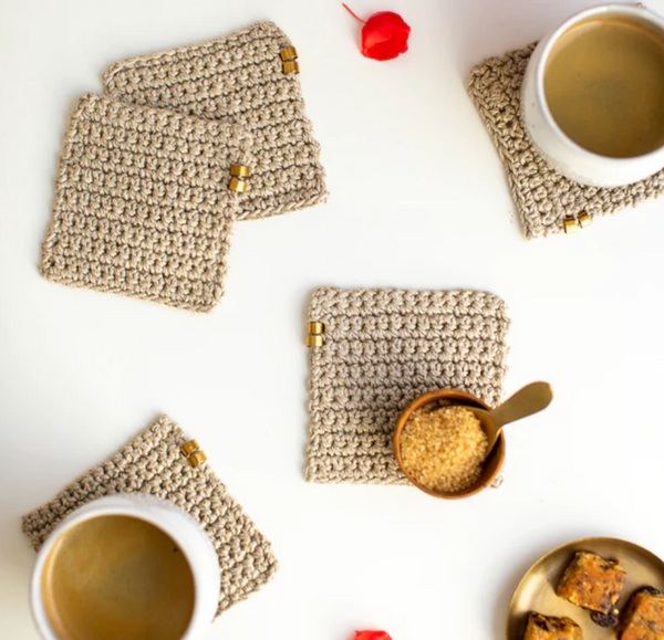 crocheted Corrine Coasters made with natural linen cord