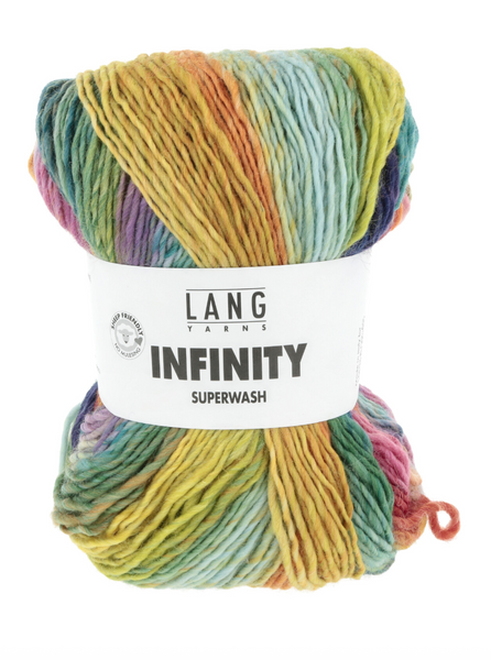 Multicolored skein of yarn with 'Lang Yarns Infinity Superwash' label on a white background