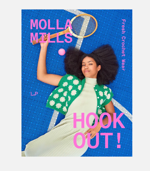 Woman lying on a blue surface with text and 'Molla Mills' branding.