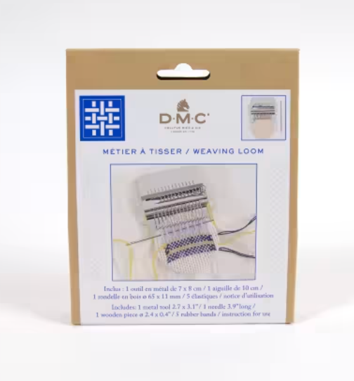 DMC Weaving Loom kit in its original retail packaging, featuring a beige cardboard box with blue and white branding and a central photo of the metal weaving tool.