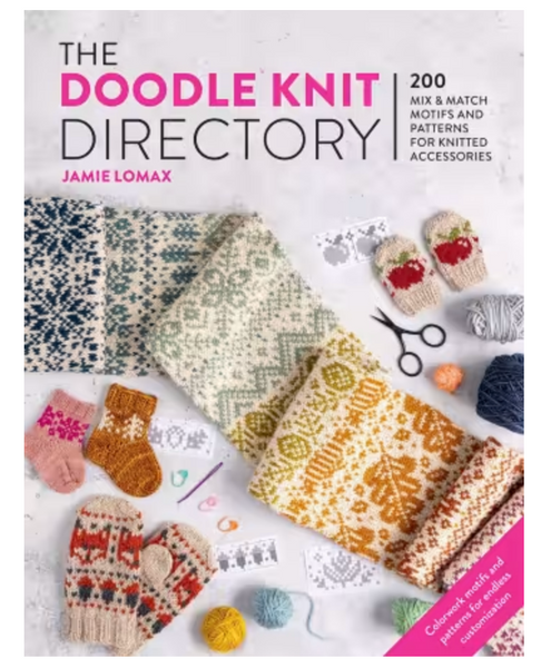 A book with the title "The Doodle Knit Dictionary" with a scarf, mitts, socks on the cover
