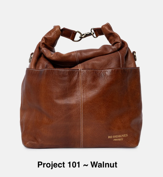 Project 101 - A leather knitting bag in the color Walnut.  