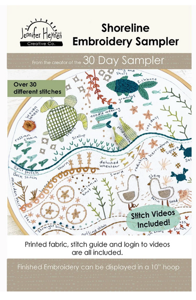 Promotional graphic for the 'Shoreline Embroidery Sampler' by Jeri Tierden Creative Co., showing a finished embroidered fabric design with sea life and botanical motifs on a white hoop, along with text noting over 30 stitches, stitch videos, and display size in a 10 hoop.