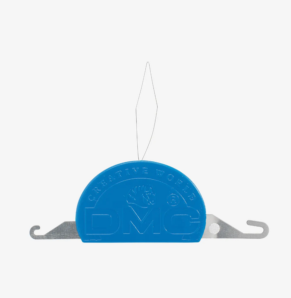 A blue and silver metal DMC Creative Forge hook tool with a thin wire hanging loop, shown against a solid white background.