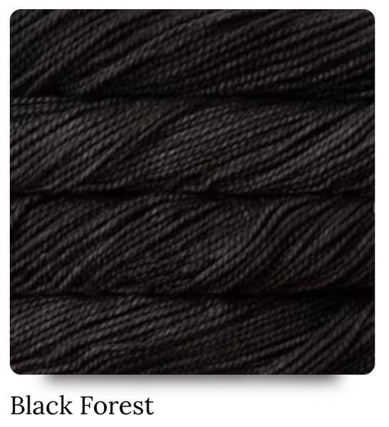 Black yarn swatch labeled 'Black Forest' on a white background