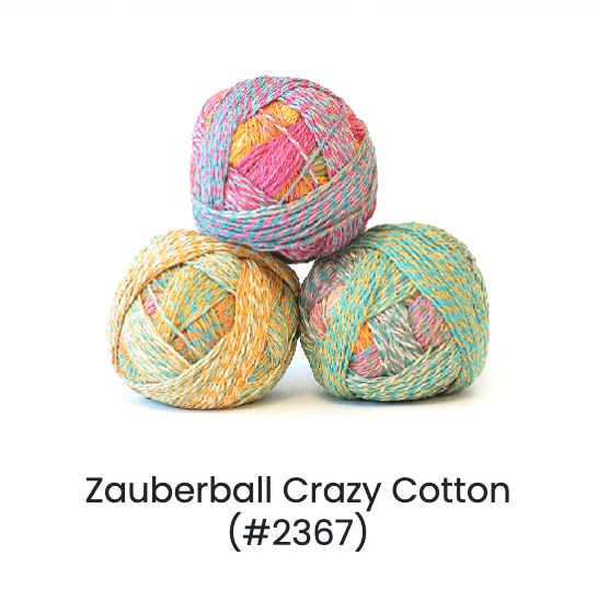 2367- Three colorful balls of Zauberball Crazy Cotton in pinks, orange and greens on a white background