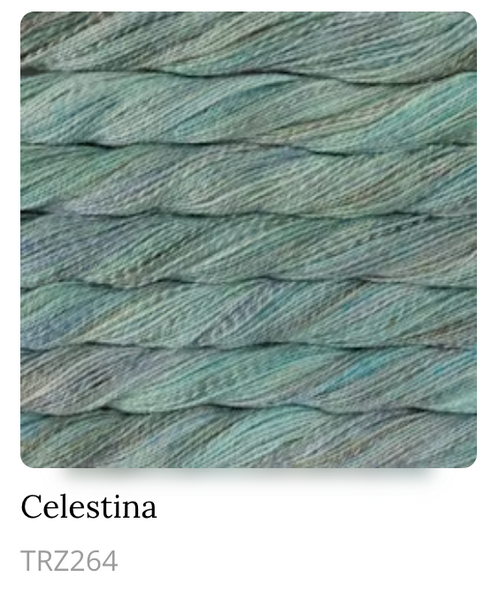 A color swatch card showing twisted yarn in a dusty teal and mint green shade, labeled 'Celestina' with code 'TRZ264' below on a white background.