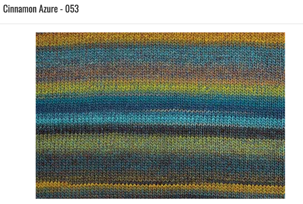 A close-up of a knitted fabric swatch with horizontal stripes in blue, teal, yellow, brown, and gray, labeled 'Cinnamon Azure - 053' at the top.
