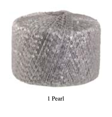 A spool of pearl gray yarn with a textured, sequined surface, shown against a plain white background with the text '1 Pearl' underneath.