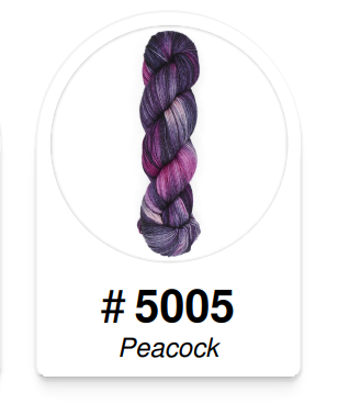 A single twisted skein of yarn in a variegated purple and black shade, labeled '#5005 Peacock' on a white card.
