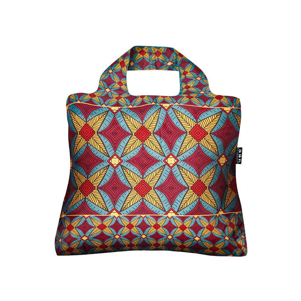 bag with bold geometric pattern in colors of yellow, dark orange, red and blue