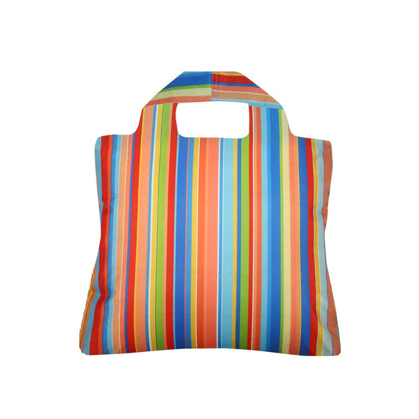 bag with colorful stripes of blue, yellow, orange, light blue and green