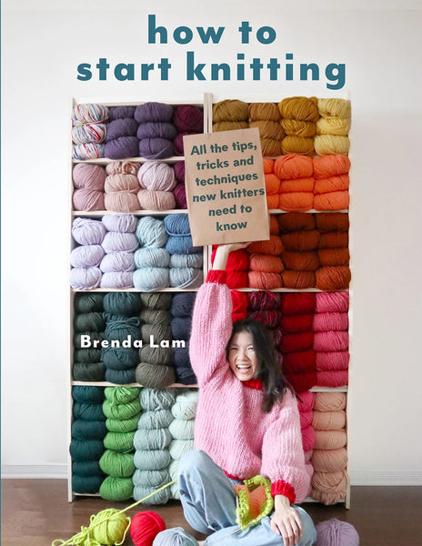 Book titled 'How to Start Knitting' by Brenda Lam with colorful yarn stacks and a person holding a sign.